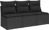 A three-seater black poly rattan sofa with black cushions, shown from the front on a white background. Náhľad obrázku produktu