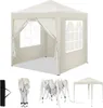 A beige gazebo with windows and curtains, shown assembled and disassembled, along with a carrying bag. Produktbild-Vorschau