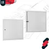 Two white metal access panels are shown against a blueprint background of a house. One panel is closed with a key lock, and the other is open, revealing the interior frame. Podgląd zdjęcia produktu