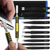 A hand is using a tool to pry open a smartphone, with a set of precision tweezers laid out in the background. Produktbild-Vorschau