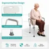 An elderly woman is sitting on a shower chair, with close-up images of the chair's features highlighted. Produktbild-Vorschau