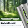 A battery is shown in front of a forest background, with text highlighting sustainability. Produktbild-Vorschau