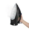 A hand holding a black and blue steam iron against a white background. Produktbild-Vorschau