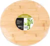 A round bamboo cutting board is shown, wrapped in clear plastic packaging, with a label attached. Produktbild-Vorschau