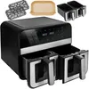 A collage showing a double-chamber air fryer and its accessories. Podgląd zdjęcia produktu
