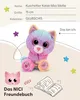 A marketing image featuring a plush cat toy with descriptive text and decorative elements. Anteprima dell’immagine prodotto