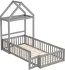A grey wooden children's bed with a house-shaped frame and safety rails. Náhled obrázku produktu