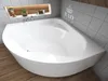 A white corner bathtub in a bathroom with tiled walls and wooden floor. Produktbild-Vorschau