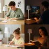 Collage of four images showing a dimmable LED table lamp in use by different people in various settings. Náhled obrázku produktu