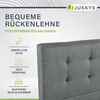 A close-up of a grey upholstered headboard with text overlays highlighting product features. Náhled obrázku produktu
