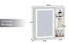 A diagram of a lighted mirror cabinet with dimensions and storage shelves. Voir les images du produit