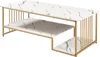 A white and gold coffee table with a marble-like pattern and two shelves, shown against a white background. Produktbild-Vorschau