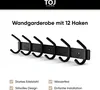 A black wall-mounted coat rack with 12 hooks against a white background. Text and logos are present at the top, and feature highlights are listed at the bottom. Anteprima dell’immagine prodotto