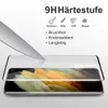 A close-up shot of a smartphone screen protector being demonstrated with a knife, alongside marketing text and icons. Produktbild-Vorschau