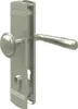 A silver door handle set with a round knob on one side and a lever handle on the other, mounted on a long plate with a keyhole and a cylinder lock. Produktbild-Vorschau
