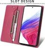 A red flip wallet phone case with card slots is shown open, revealing a phone with a colorful screen. Produktbild-Vorschau