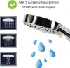 A close-up of a shower head with water droplets and icons illustrating different spray settings. Produktbild-Vorschau