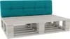 A teal tufted cushion on a light gray wooden pallet base.
