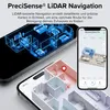 The image shows two smartphones displaying a 3D map of a house, illustrating a robot vacuum cleaner's navigation system. One phone shows a detailed blue wireframe map, while the other displays a pink and white 3D floor plan with a location marker. Produktbild-Vorschau