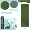 A collage of images showcasing a green yoga mat and its accessories, with descriptive text and dimensions. Produktbild-Vorschau