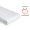 A white mattress is shown at an angle on a white background, with a diagram indicating firmness levels. Produktbild-Vorschau