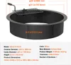 A black metal fire pit ring with a grill attachment, shown with dimensions and specifications. Náhled obrázku produktu
