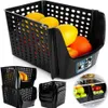 A collage of black storage baskets for fruits and vegetables, shown in different configurations and within a refrigerator. Náhled obrázku produktu