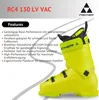 A yellow ski boot with black accents, presented with a list of features and the brand logo. Voir les images du produit