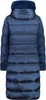 A back view of a long, dark blue puffer coat with a fur-lined hood. Podgląd zdjęcia produktu
