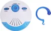 A white and blue portable shower radio with a blue hook accessory, shown against a white background. Produktbild-Vorschau