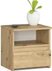 A wooden nightstand with a drawer and an open shelf, topped with a white vase containing a green plant. Podgląd zdjęcia produktu