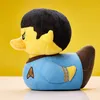 A plush toy duck dressed as the Star Trek character Spock, set against a yellow background. Voir les images du produit