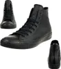 Multiple views of a pair of black leather high-top Converse Chuck Taylor sneakers against a white background. Produktbild-Vorschau