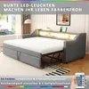 A grey sofa bed with LED lights is shown in a room. Produktbild-Vorschau