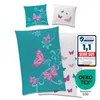 A product shot of bedding sets with butterfly motifs, featuring a quality seal and OEKO-TEX certification. Produktbild-Vorschau