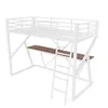 A white metal loft bed with a wooden desk underneath, shown against a white background. Voir les images du produit