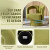 A collage of images showcasing an olive green armchair, its texture, base, and descriptive text. Produktbild-Vorschau
