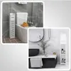 Collage of two bathroom scenes featuring a slim white storage unit. Produktbild-Vorschau