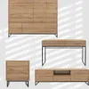 A collection of modern wooden furniture pieces with black metal frames, displayed against a white background with striped shadows. Produktbild-Vorschau