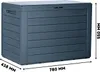 A dark gray plastic storage box with a wood-like texture, shown with dimensions indicated. Podgląd zdjęcia produktu