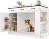 A white kitchen trolley with drawers and open shelves, featuring a dog inside one of the compartments. Dimensions are indicated with red lines and text. Anteprima dell’immagine prodotto