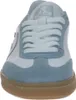 A front view of a white and light blue athletic shoe with a brown sole. Voir les images du produit
