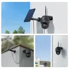 Collage of images showing a Reolink Argus PT security camera with a solar panel, mounted on a wall in different outdoor settings, including sunny and rainy conditions. Produktbild-Vorschau
