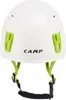 A white climbing helmet with green accents and straps, shown from the front. Produktbild-Vorschau