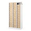 A tall, white metal locker unit with many wooden-fronted compartments, some of which are open to reveal items inside. Náhled obrázku produktu
