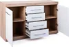 A wooden and white sideboard with four drawers and two cabinet doors, one of which is open. Produktbild-Vorschau
