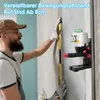 A man wearing work clothes and gloves is using a laser level and a spirit level against a wall. A laser mount is attached to the wall. Produktbild-Vorschau