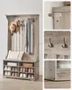 A collage of images showing a wooden hall tree with shoe storage, coat hooks, and a bench, with close-up details of its construction and features. Náhled obrázku produktu