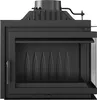 A black metal fireplace insert with a glass door and a chimney flue. Anteprima dell’immagine prodotto