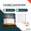 A marketing image for a mini freezer, highlighting its flexible placement and adjustable feet. It includes a small image of the freezer with its doors open and a close-up of its adjustable feet. Produktbild-Vorschau